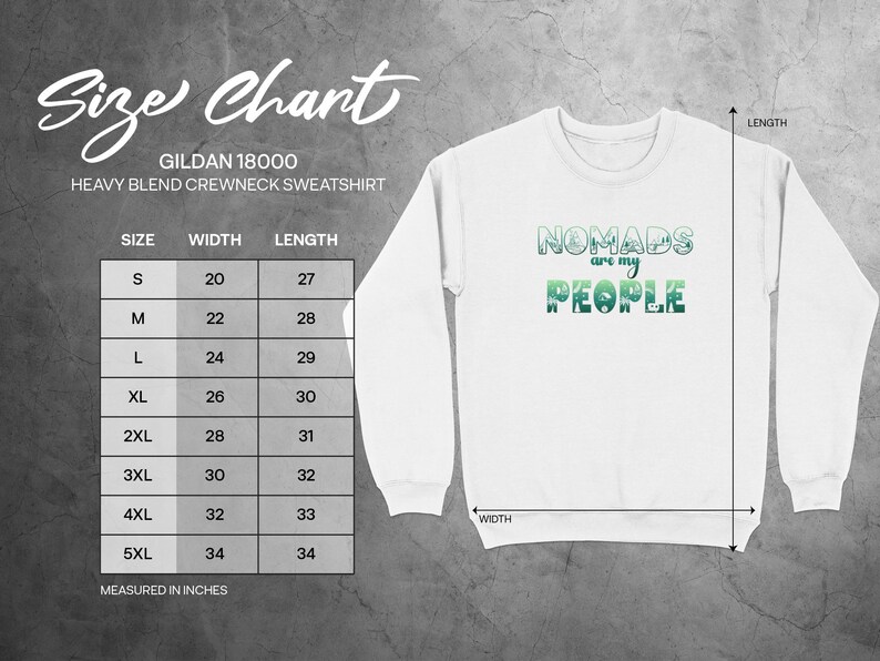 Gildan 18000 sweatshirt size chart with Nomad design.