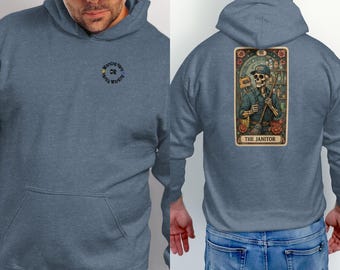 Hart arbeiten oder kaum arbeiten Hoodie, Tarot Janitor Grafikbekleidung, blauer Kragen Humor