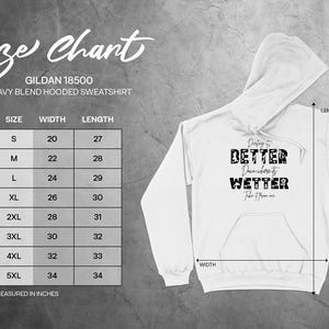 Gildan 18500 hooded sweatshirt size chart with measurements.