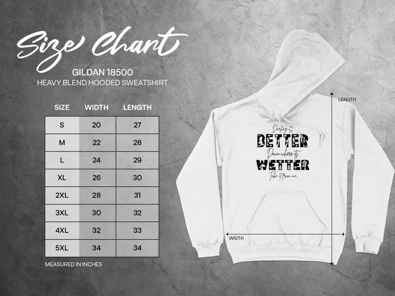 Gildan 18500 hooded sweatshirt size chart with measurements.