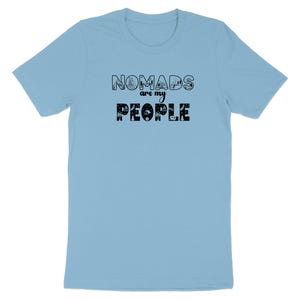 Blue t-shirt with "NOMADS are my PEOPLE" text and minimalist icons.