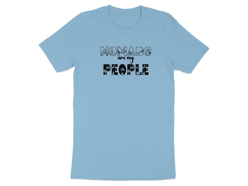 Blue t-shirt with "NOMADS are my PEOPLE" text and minimalist icons.