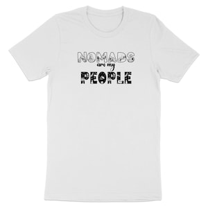 Black graphic t-shirt with "NOMADS are my PEOPLE" text and small illustrations.