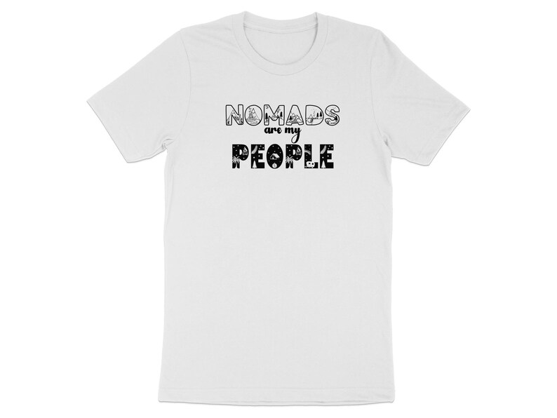 Black graphic t-shirt with "NOMADS are my PEOPLE" text and small illustrations.