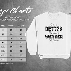 Gildan 18000 sweatshirt size chart with measurements and graphic.