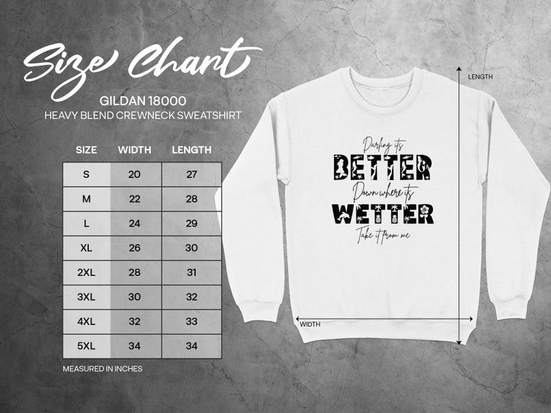Gildan 18000 sweatshirt size chart with measurements and graphic.