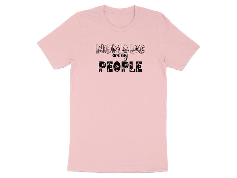 Pink t-shirt with "NOMADS are my PEOPLE" text in playful fonts and icons.