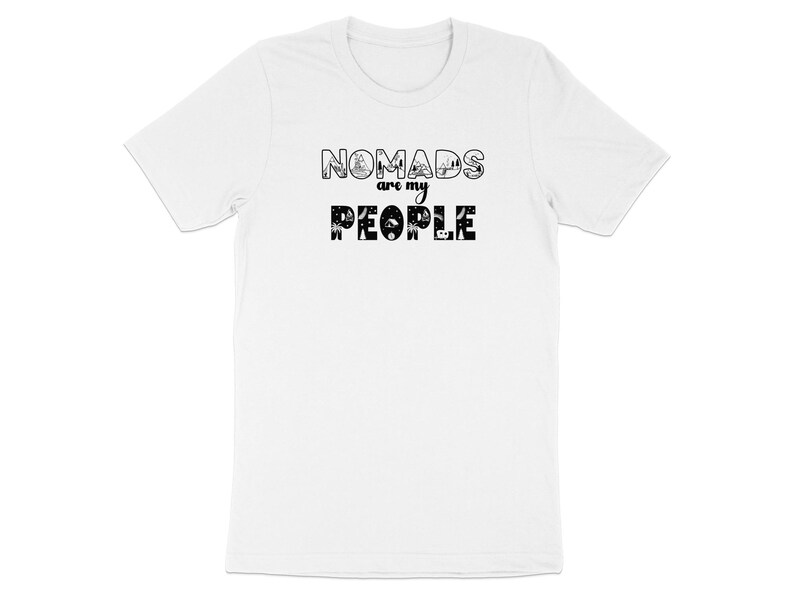 White t-shirt with "Nomads are my People" text and travel icons.