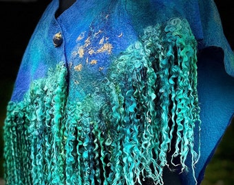 Sea green exclusive shawl summer mother of the bride soft woolart wearableart wool painting with silk multi styling party beach club