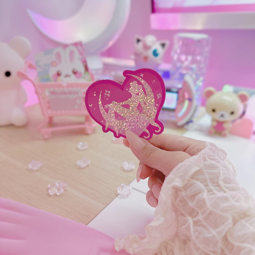 Magical Girl Glitter Sticker Holographic Vinyl Decal Pink Heart Moon ...