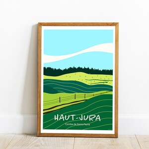 Peut inclure: Une illustration encadrée d'un paysage vert et jaune avec le texte "HAUT-JURA Combe de Saix-Pierre" en bas.