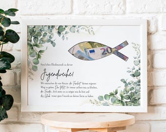 May include: A framed print with a white border, featuring a fish design made from Euro banknotes. The fish is surrounded by green foliage and text in German. The print is displayed on a wooden stool.