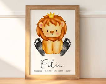 Baby gift "Lion" personalized | Gift footprint | Mural baby & children's room decoration | Gift for birth, baptism | Download PDF