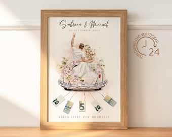 May include: A watercolor illustration of a couple in a vintage car with the text "Sabrina & Manuel" and "25. SEPTEMBER 2024". The car has a "Just Married" sign and money hanging from the back.
