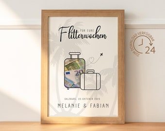 May include: A printable poster with a light brown wooden frame. The poster has a white background with a black and white illustration of two suitcases. The suitcases are filled with euro bills. The text on the poster reads "Flitterwochen für eure" and "Salzburg, 20. Oktober 2023 Melanie & Fabian".