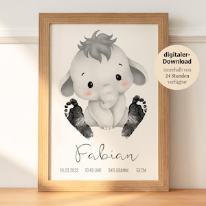 Babygeschenk "Elefant" personalisiert | Geschenk Fußabdruck | Wandbild Baby & Kinderzimmer Deko | Geschenk zur Geburt, Taufe | PDF Download