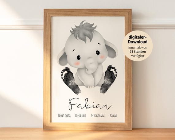 Babygeschenk "Elefant" personalisiert | Geschenk Fußabdruck | Wandbild Baby & Kinderzimmer Deko | Geschenk zur Geburt, Taufe | PDF Download