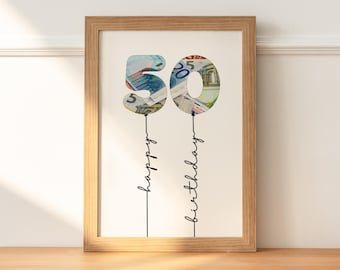May include: A framed print with a white background featuring the number 50 made of euro bills, with the words "happy birthday" written in cursive below.