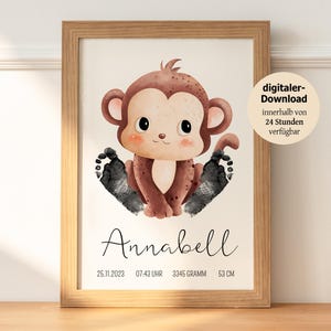 Regalo bebé "Mono" personalizado | Huella de regalo | Mural decoración de habitaciones de bebés y niños | Regalo para nacimiento, bautismo | Descargar PDF