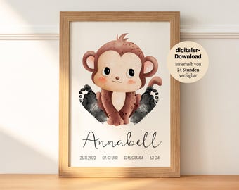 Babycadeau "Aap" gepersonaliseerd | Voetafdruk van geschenken | Muurschildering baby- & kinderkamerdecoratie | Cadeau voor geboorte, doop | PDF-download