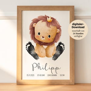 Regalo personalizado "León" para bebé | Regalo con huella | Decoración de pared para bebé y habitación infantil | Regalo de nacimiento y bautizo | Descarga PDF