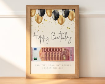 Regalo de dinero para un cumpleaños | Regala dinero de forma creativa | Tu primer millón | Regalo de dinero único de última hora que puedes imprimir tú mismo en A4