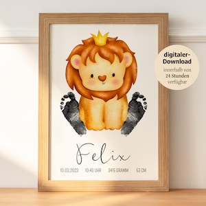 Regalo bebé "León" personalizado | Huella de regalo | Mural decoración de habitaciones de bebés y niños | Regalo para nacimiento, bautismo | Descargar PDF
