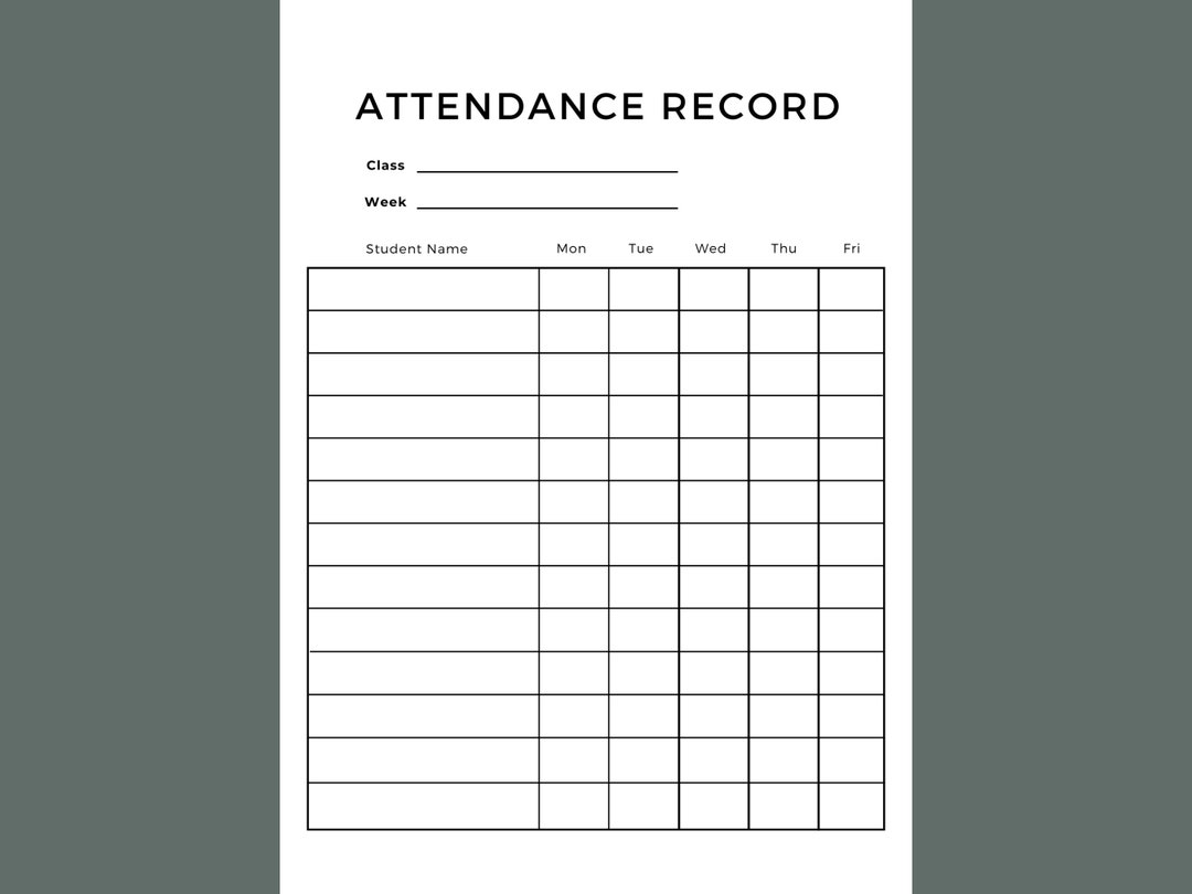 Printable Weekly Attendance Record Class Attendance Digital Download