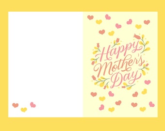 Printable Mother's Day Card | A4 | Folded | Yellow | Pink | Hearts | Gift | Card for Mom