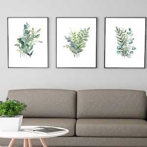 Set of 3: Watercolor Eucalyptus Print, Printable Wall Art, Botanical Wall Print, Green Leaves, Botanical Plants, Watercolor Leaves