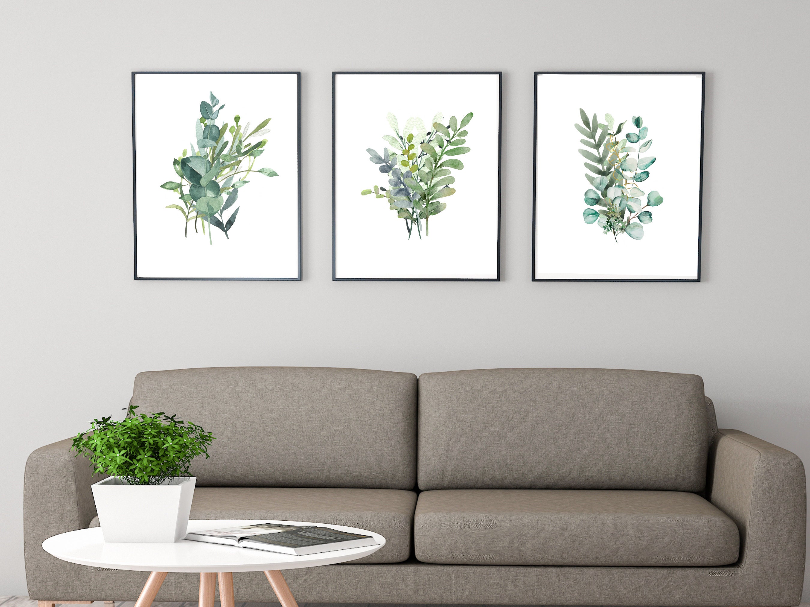 Set of 3: Watercolor Eucalyptus Print, Printable Wall Art, Botanical Wall Print, Green Leaves, Botanical Plants, Watercolor Leaves