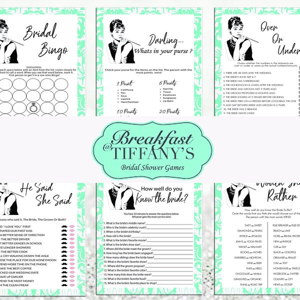 Printable | Breakfast at Tiffany's Bridal Shower Games Bundle | Bundle of Six | Instant Download | Wedding Shower Games