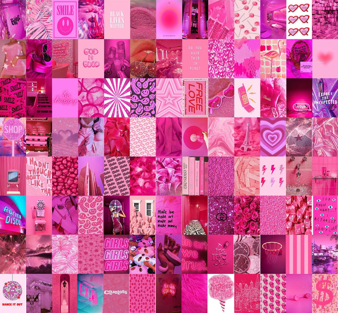 100 Pcs Hot Pink Collage Kit Pink Wall Collage Baddie Etsy