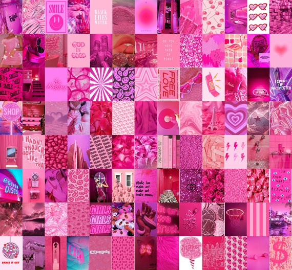 100 Pcs Hot Pink Collage Kit, Pink Wall Collage, Baddie Aesthetic