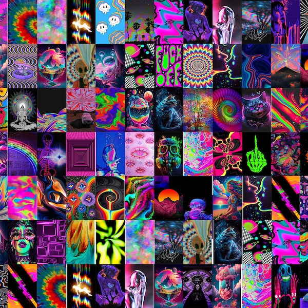 80 Pcs Psychedelic Trippy Wall Collage Kit, Aesthetic Teen Trippy Room Decor, Psychedelic Wall Decor, Psychedelic Poster