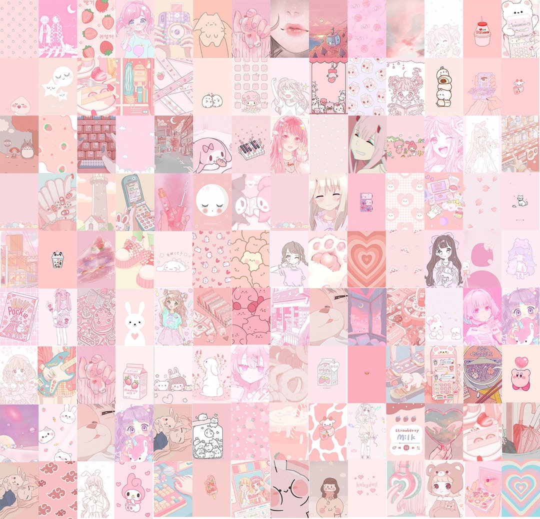 Манга розовое сердце. Pastel Pink collage Wallpaper.