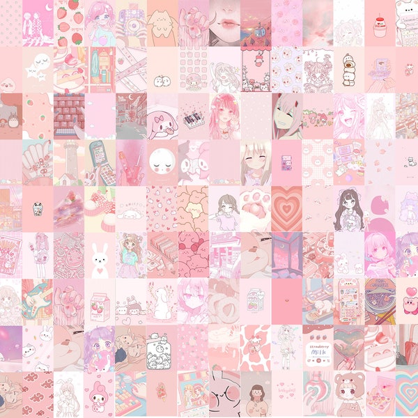 125 Stück | Rosa Kawaii Wand Collage Kit | Pastell Manga Ästhetische Fotocollage | Rosa Anime Bilder Room Decor (DIGITAL DOWNLOAD) | 4x6 Größe
