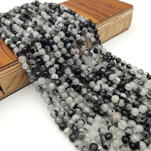 AAA Black Tourmaline Rutilated Rutile Quartz Round Beads 6MM High Quality Black White Quartz Semi Precious Gemstone 15.5&quot; Strand, Wholesale