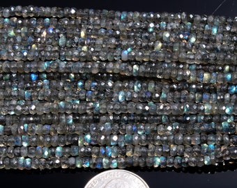 Labradorite Faceted Rondelle Beads • Black Rainbow • 4mm Natural Flashy Labradorite Rondelle Beads • AAA+ Faceted Blue Fire Labradorite