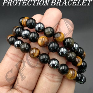 Triple Protection Bracelet - For Healing Protection - Bring Luck And Prosperity - Hematite - Black Obsidian - Tiger Eye - Stone Bracelets •