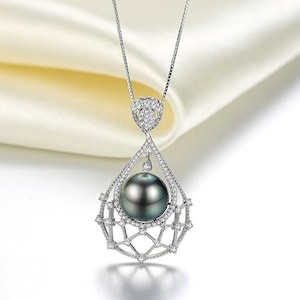 Women 925 Sterling Silver 10-11mm Tahitian Cultured Black Pearl Necklace