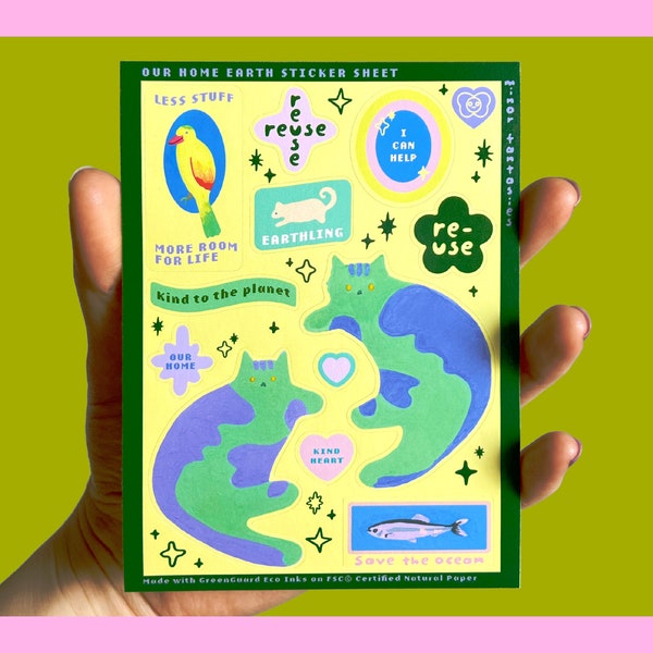 Earth sticker sheet ⎜ Environment theme stickers with cute animals and planet conscious messages