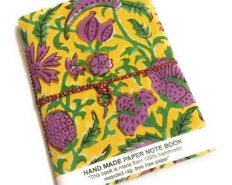 Block Print Journal, Yellow Floral Eco-Friendly Diary, Handmade Notebook