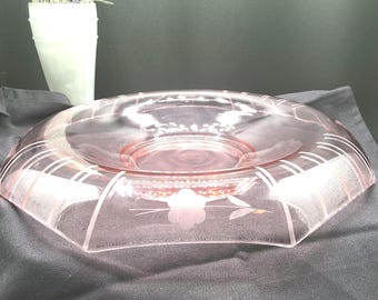 Etched Vintage Pink Depression Glass Rolled Edge Console Bowl-1930's