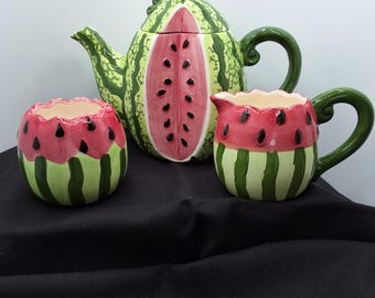 Vintage 1993 Boston Warehouse Watermelon Teapot, Creamer and Sugar Bowl