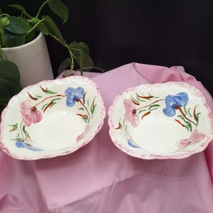 May include: Two white ceramic bowls with scalloped edges, each adorned with hand-painted floral designs in pink and blue. Green leaves and brown stems accent the flowers. The bowls rest on a pink cloth.