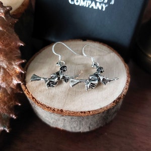 925 Sterling Silver Flying Witch On Broomsticks Earrings