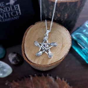 925 Sterling Silver Besom Broom Pentagram Necklace With Amethyst Crystal