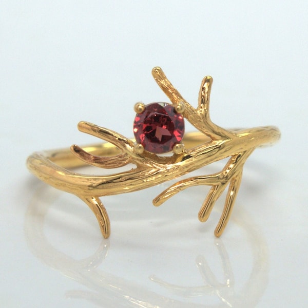 Garnet Twig Ring, Sterling Twig Ring , Twig Wedding Band, Dainty Silver ring ,Antler Jewelry , Botanical Jewelry ,Nature jewelrt