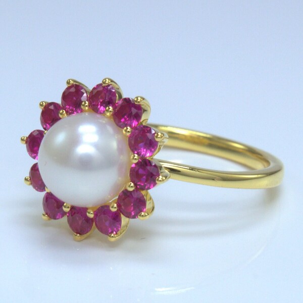 Pearl And Ruby Engagement Ring White Pearl Ring flower Design Ring Statement Ring Birthstone Ring Wedding Ring Celestial Ring Tarnish Ring